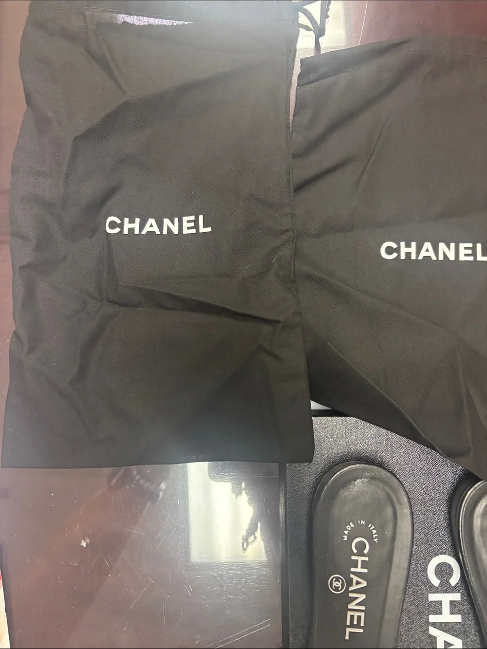 CHANEL Black Leather Camellia Slide Sandals